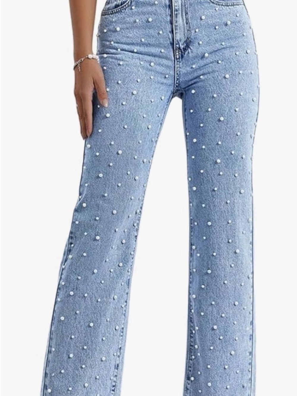Light Blue Pearl-Accent Wide Leg Jeans